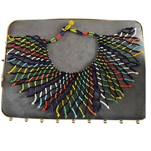 Vintage African Beaded Collar Necklace – Multicolor Fringe Statement Piece
